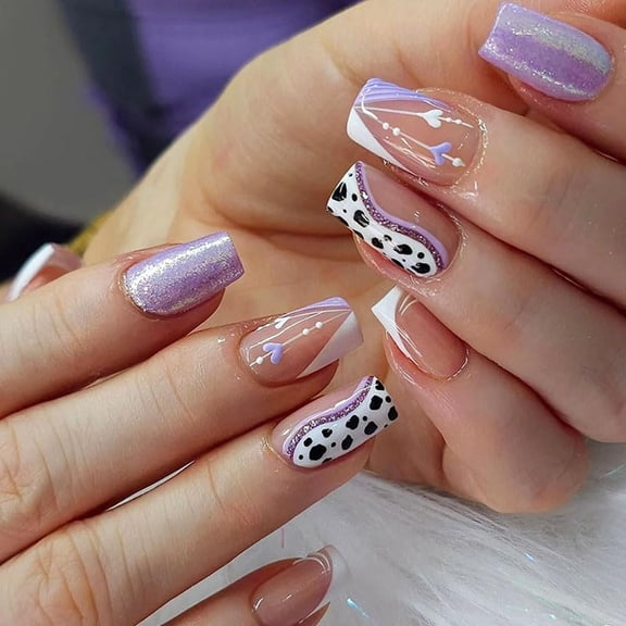 Press on Nails Short Medium Square Cow Print Fake Nails with Fashion Heart Design Artificial Acrylic False Press ons Full Cover Stick on Nail for Women Girls Daily Wear Wedding 24Pcs Cow Print with