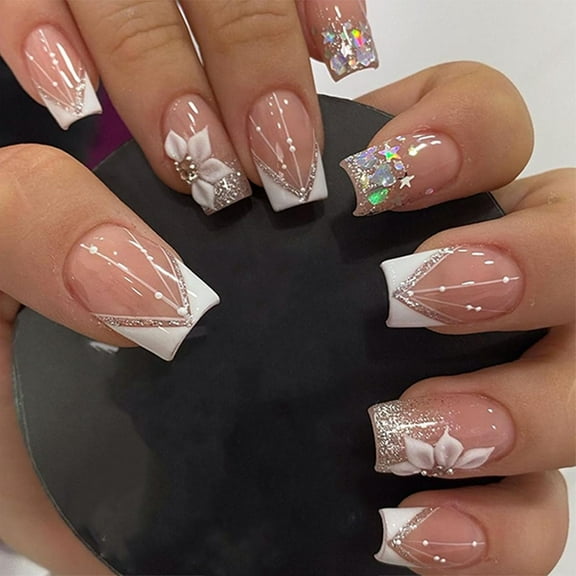 Press on Nails Short Square Fake Nails White French Tips Glossy False Nails Cute Bling Glitter Nails Press ons Gel Glue on Nails Full Cover Flower Stick on Acrylic Nails for Women Girls White 0.04 Fl