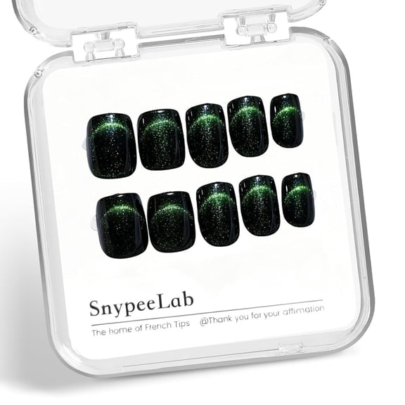 Press on Nails Short Square, Green Cat Eye Nails, St. Patrick's Day Nail, Glue on Nails Short, Football Nail, French Tip Smile Line Cat Eye Nails, Reusable, Acrylic 30Pcs(Green)
