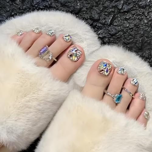 Press Nails Short Square Stick Toenails with Glitter Rhinestone Design Glossy Summer Glue Toenail Beach False Toenail Toenail for Women Girls Manicure 24 count