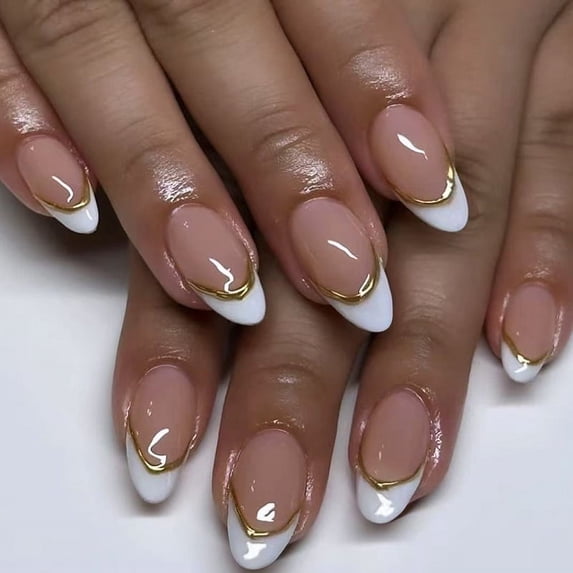 Press on Nails Short -White Designed French Tip Press On Nails Almond with Bow, Glue On Nails for Gifts, Supremely Fit & Natural Stick On Nails in 16 Sizes - 24 Fake Nails Kit, Dinner Star