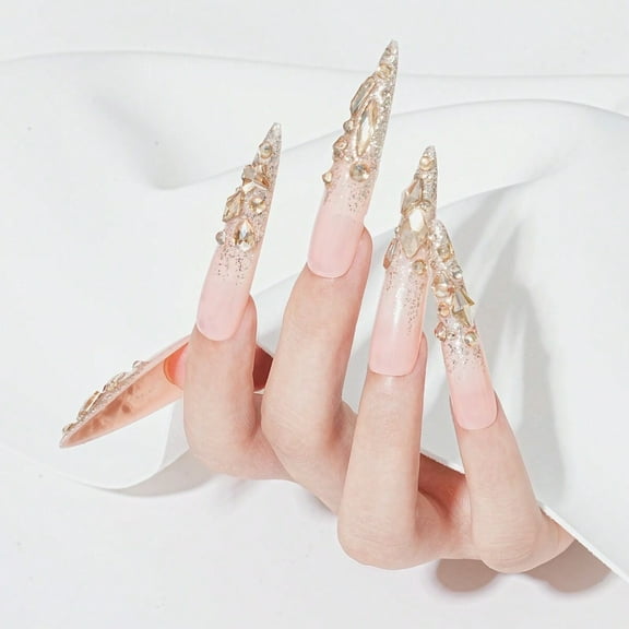 Press on Nails with Sparkling Diamonds Design, 100% Hand-painted Reusable Gel UV Finished Pre-shaped False Nails for Women, 10pcs 3D Handmade False Nails-Medium Size