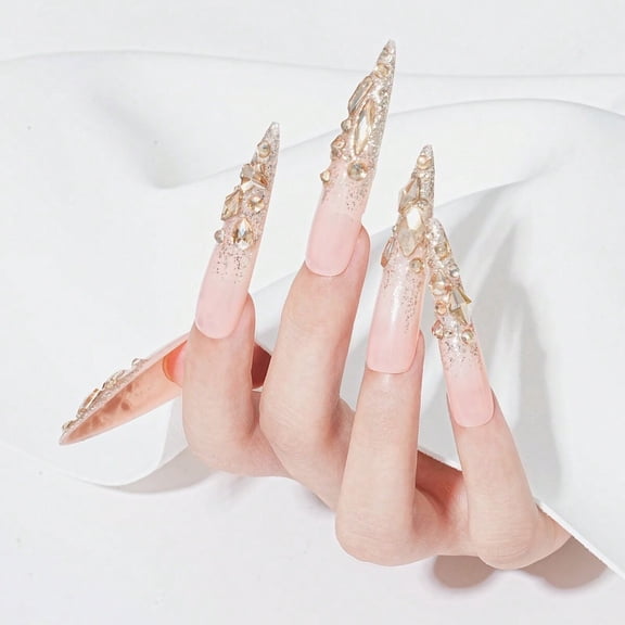 Press on Nails with Sparkling Diamonds Design, 100% Hand-painted Reusable Gel UV Finished Pre-shaped False Nails for Women, 10pcs 3D Handmade False Nails-Small Size