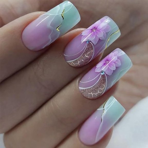 Press on Nails Square Medium Artificial Acrylic Fingernails Marble Pattern False Nail Gradient Flower Design French Fake Nail Full Cover Glossy Reusable Coffin Glue on Nails for Women 24Pcs