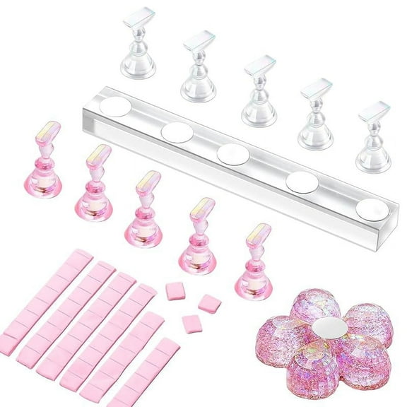 Press on Nails Stand: Clear and Pink Nail Holder for Painting Nails, Stands for Art Display Practice, Magnetic Clear Glitter Flower Fake Holders with Reusable Adhesive Putty for Home Salon DIY