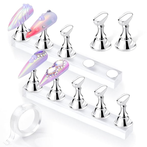 Press on Nails Stand: Clear and Pink Nail Holder for Painting Nails, Stands for Art Display Practice, Magnetic Clear Glitter Flower Fake Holders with Reusable Adhesive Putty for Home Salon DIY