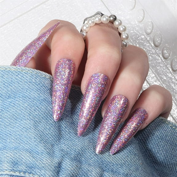 Press on Nails Stiletto Long Almond Acrylic Fake Nails with Exquisite Glitter Design Glue on Glossy Full Cover Artificial False Stick on Nail for Girls Women Wedding Manicure 24Pcs -A12 Exquisite