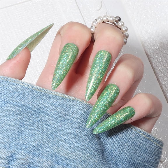 Press on Nails Stiletto Long Almond Acrylic Fake Nails with Exquisite Glitter Design Glue on Glossy Full Cover Artificial False Stick on Nail for Girls Women Wedding Manicure 24Pcs -A06 Exquisite