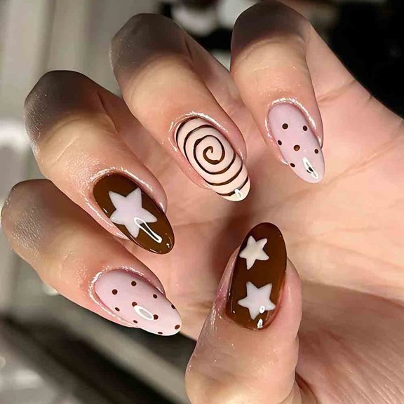 Press On Artificial Nails With Geometric Dot Star Pattern In Brown Cake Colors For Simple Application And Modern Look