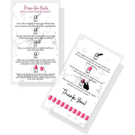 Press-On Nail Application Instructions Cards 50 Pack 2x3.5" inch Business Card Size DIY Press-On Nail Kit Marble with Pink Design