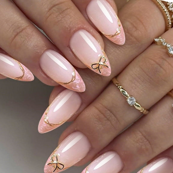 Press On Nail Gold Line Artwork Almond Shape Bows Embellished Design