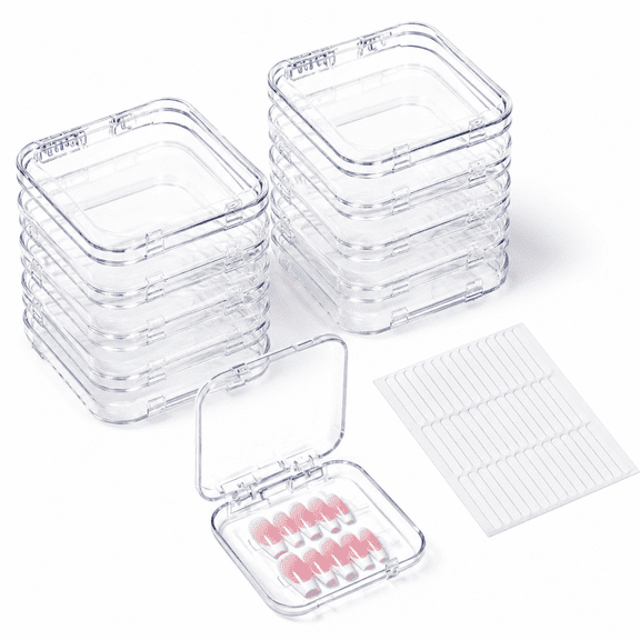 Press On Nail Packaging, 10 Clear Acrylic Storage and Display Boxes with 45 Adhesive Strips