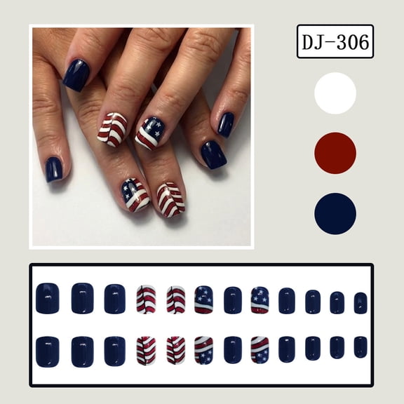 Press On Nails 24Pcs Short Square Navy Blue Patriotic Flag Design Fake Nails For Independence Day Party Manicure