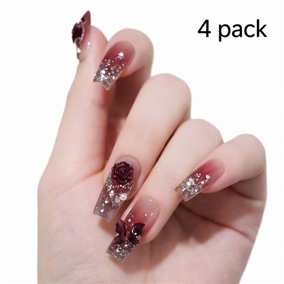 Press On Nails Coffin Burgundy Rose – Gradient Fake Nails, 4 Boxes Set,Glitter Accent,Elegant Dark Style,Easy Application for Daily Wear