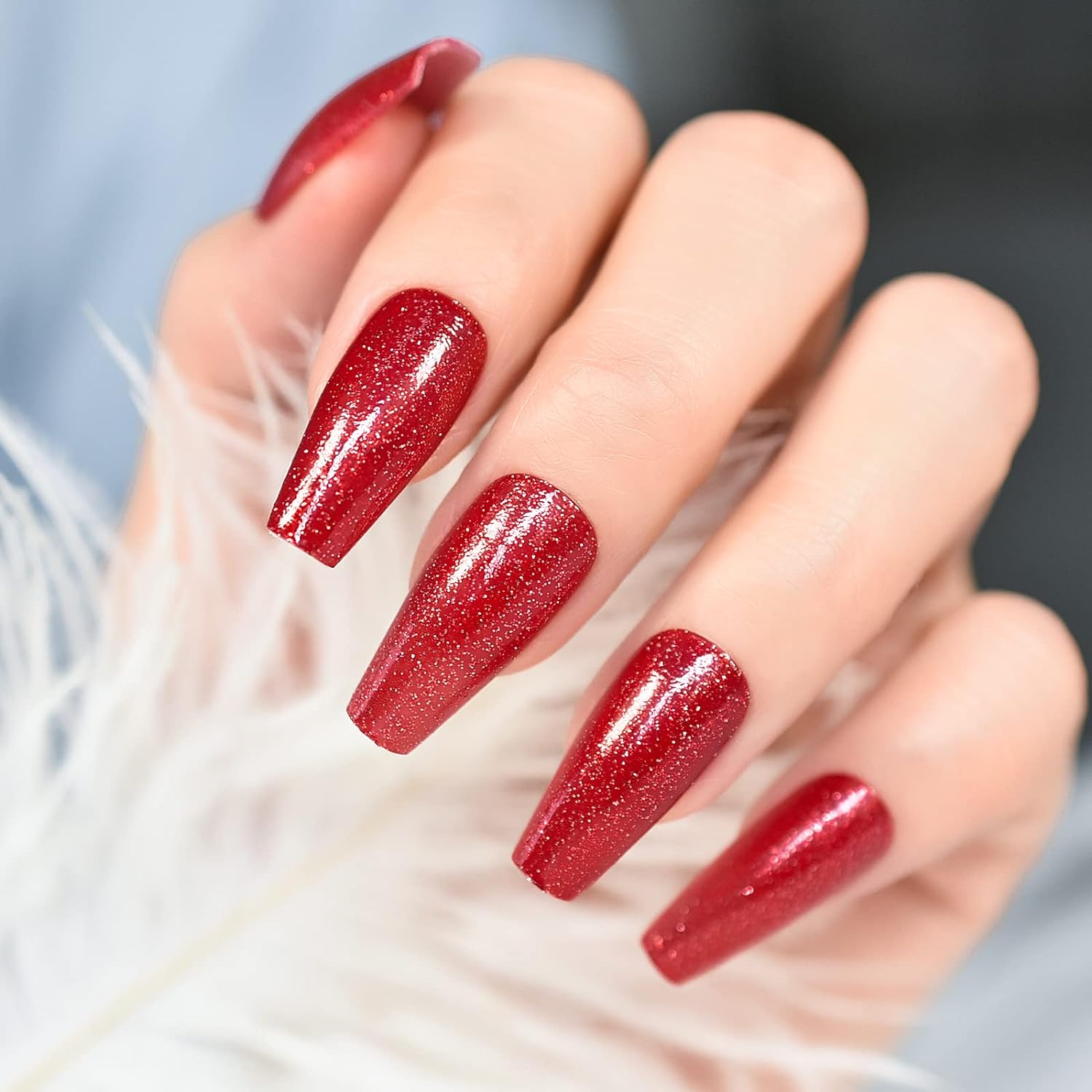 Press On Nails Coffin Long Full Cover Pretty Shiny Red Glitter False