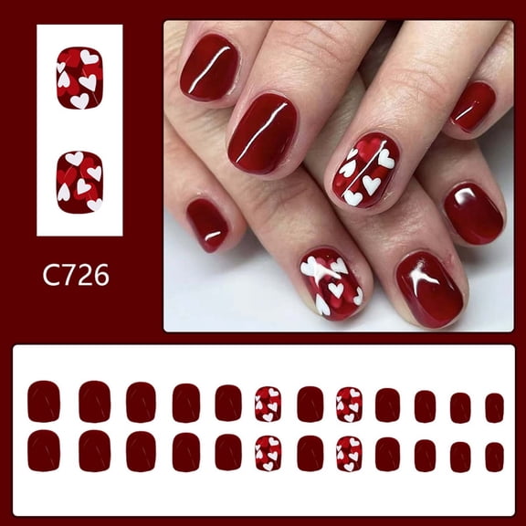 Press On Nails, False Nails, Valentine’s Day Heart Pattern Short Glossy Acrylic Press On Nails Set, Easy To Apply Nail Art Decoration