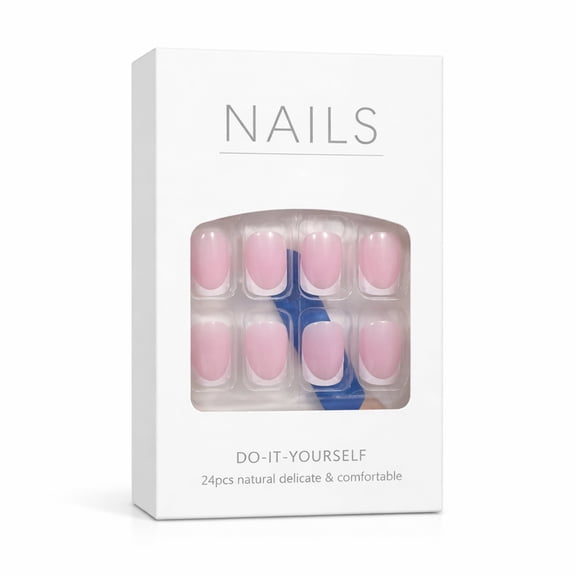 24 Pcs French Tip Press On Nails Short Square Nude Pink – Natural Fake Nails for Daily Wear, Easy Apply Nail Tips Kit