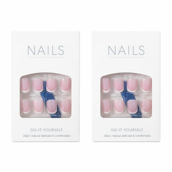 Press On Nails French Tip Short Square – Nude Pink Fake Nails 2 Boxes Set Classic White Tip Design Easy Application Natural Look for Daily Wear