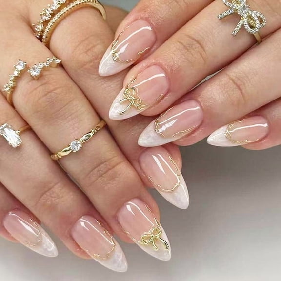 Press On Nails - Handmade French Almond Shape Nails, Cute 3D Bow Fake Nails, 24 Pcs Reusable Artificial White False Nails for Women