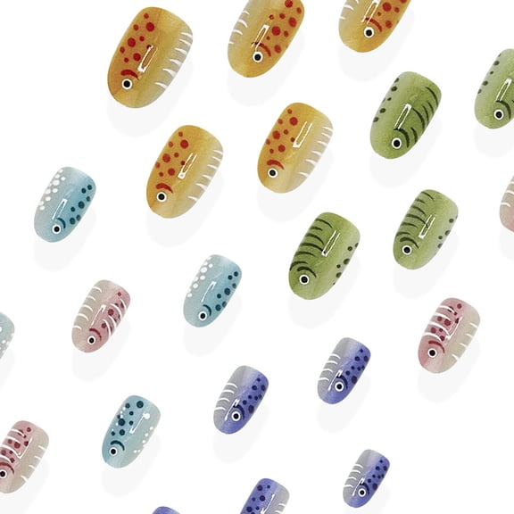 Press On Nails Short Cute Fish Fake Nails Glossy Gradient Designed Reusable 24Pc