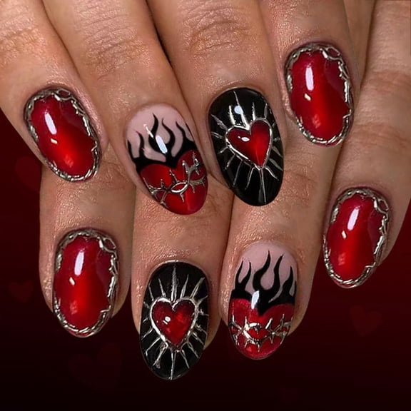 Press On Nails Short Shiny Red Cat Eye Flame 3D Gilded Fake Nails 24pcs, Plastic Material, Artificial False Nails for Nail Art Decoration