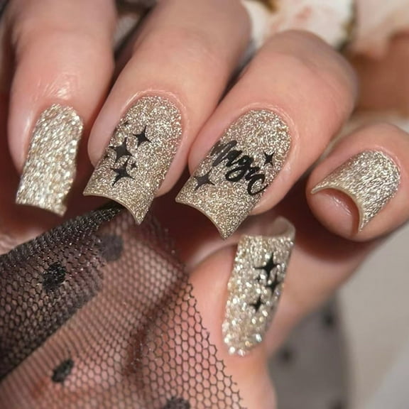 Press On Nails Square Shape Acrylic False Nails With Letter Designs on Nails Slaon or Home Nails Art For Women