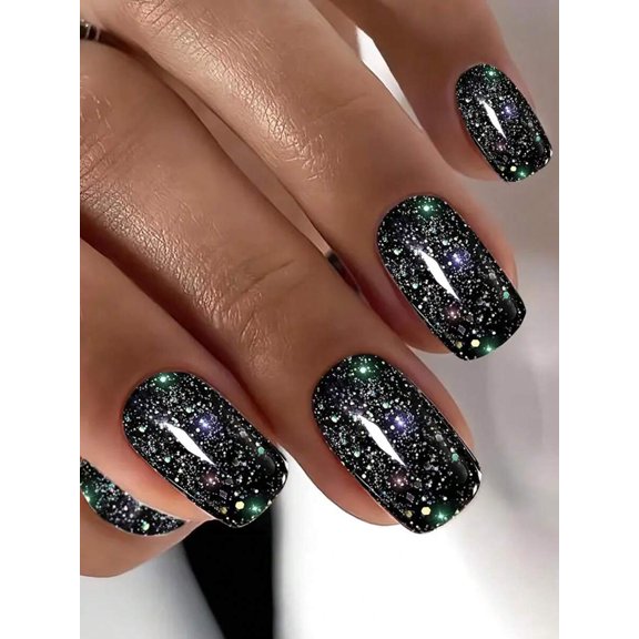 Press-On Nails Square Shape With Galaxy Glitter Design 24 Pieces