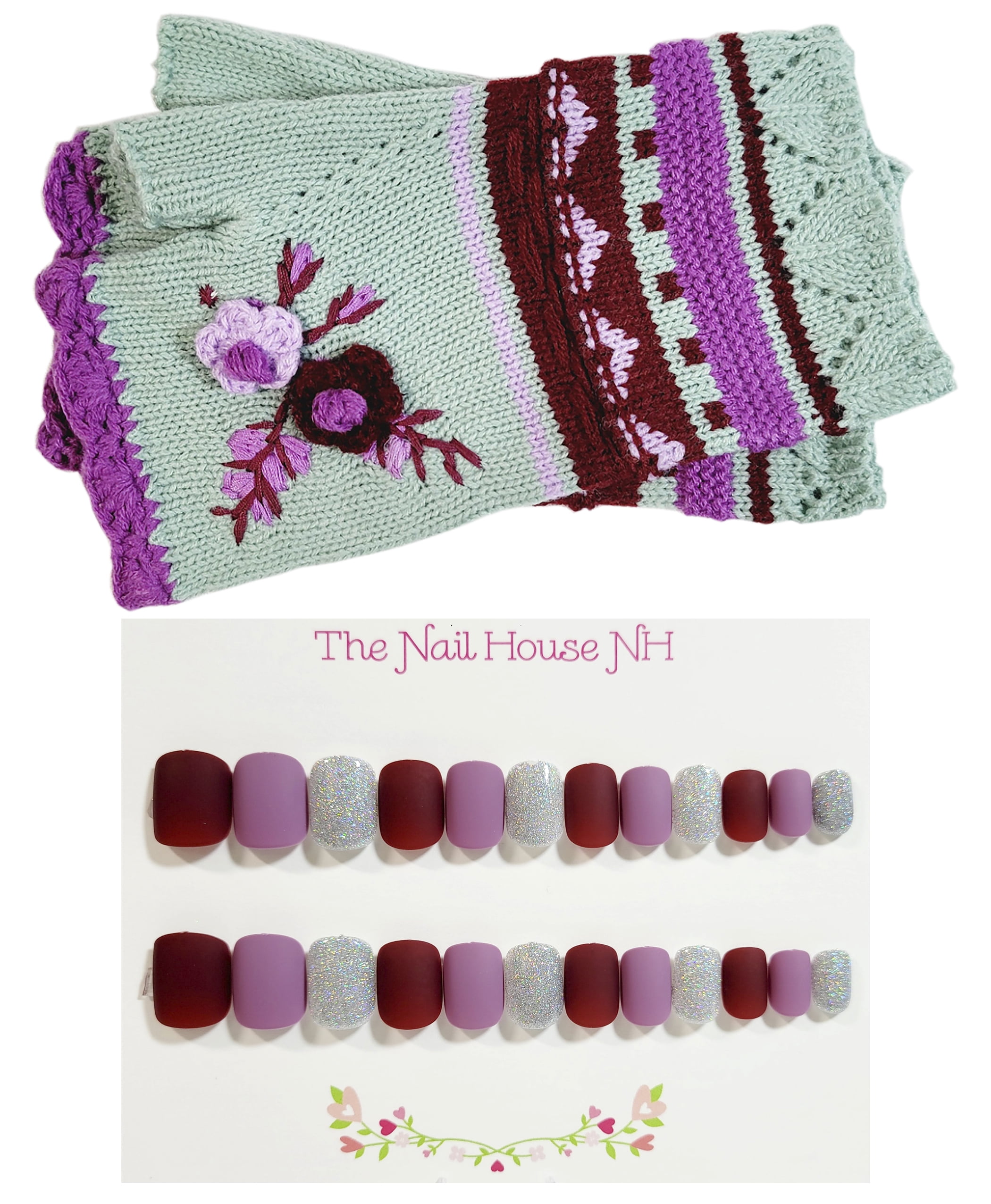 Press On Nails and Fingerless Glove Gift Set - Burgundy Mint