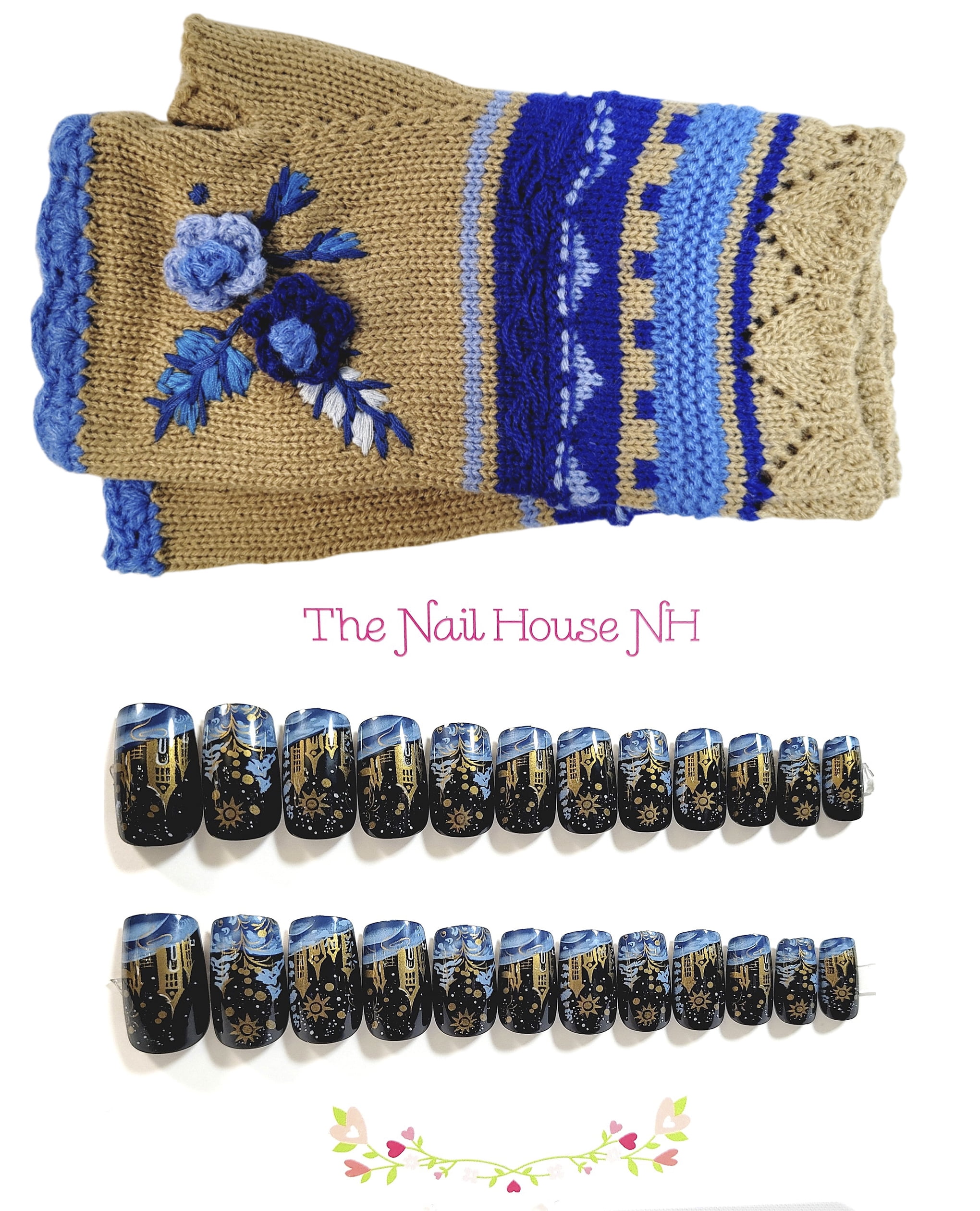 Press On Nails and Fingerless Glove Gift Set - Tan Blue