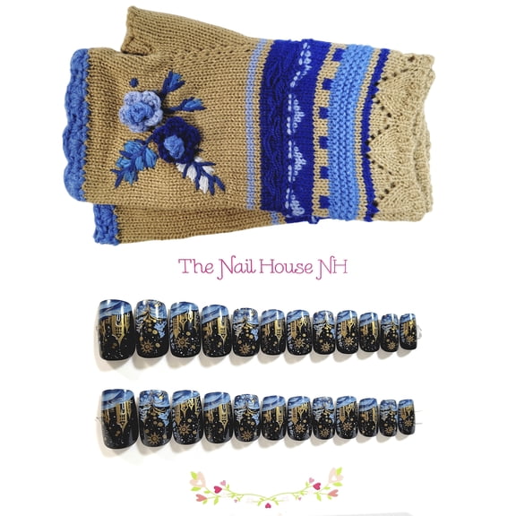 Press On Nails and Fingerless Glove Gift Set - Tan Blue