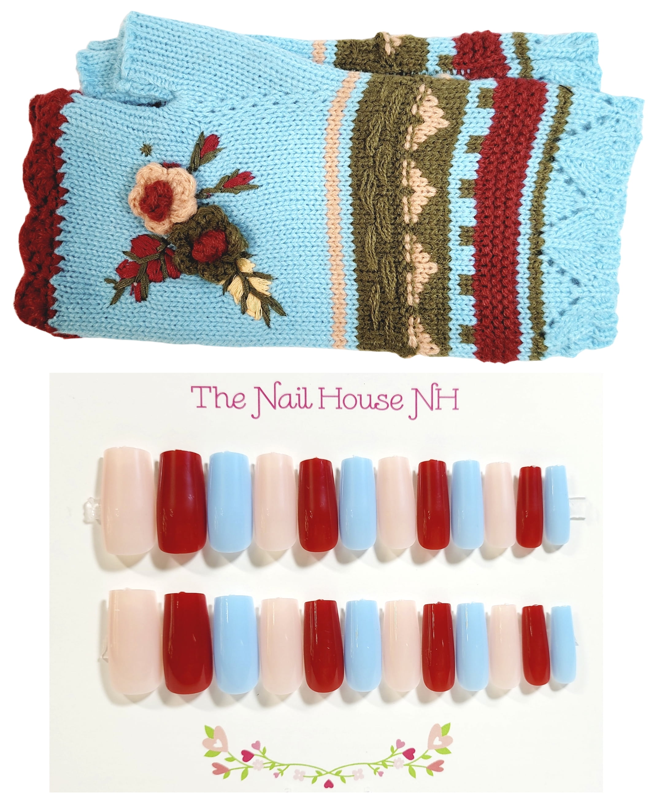 Press On Nails and Fingerless Glove Gift Set -Turquoise Red