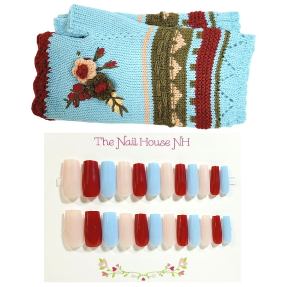 Press On Nails and Fingerless Glove Gift Set -Turquoise Red