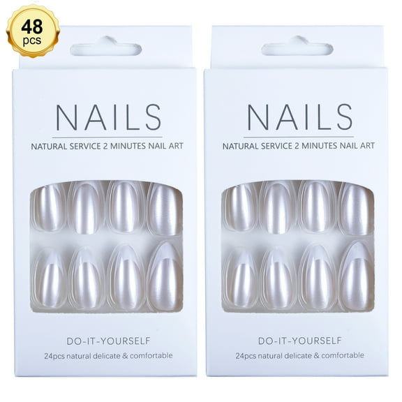 48pcs Press On Nails Sliver Almond False French Tips Polular Nail Art Gifts for Women Daught ( Two Nail Set ,24count/set, Total 48 count)