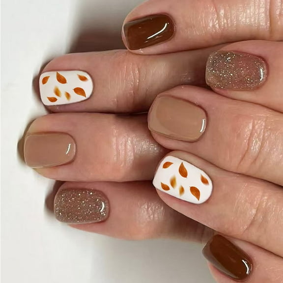Press On Tips Brown Tone Leaf Designs Fake Nails Easy Application Reusable Artificial Tips For Quick Nails Styles