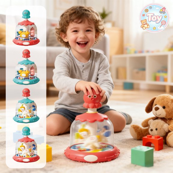Press Spin Carousel Play Toy, Infants Toddlers Rotating Sensory Toy, Baby Early Education Hand Eye Coordination Development, Fine Motor Play, Birthday Gift for Boys Girls