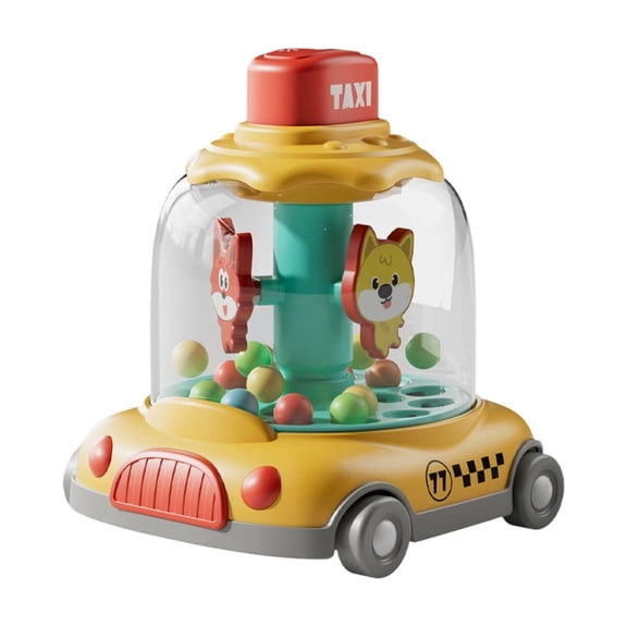Press and Spin Toy Car, Plunger Action Vehicle, Hands on Motion Discovery with a Visible Spinning Chamber, Clear Upper Body around Moving Balls and a Rounded Wheeled Taxi Base