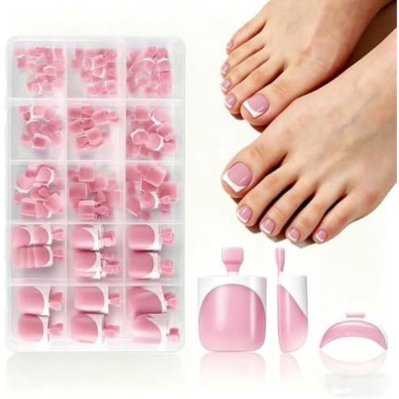 Press Toenails, 150 count Press ons White Line Soft Gel Square False Tips, 15 Sizes Full Cover Toenail Kit for Women Art