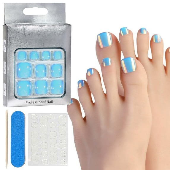Press on Toenails Chrome Fake Toe Nails Holographic False Toenails Glossy Full Cover Acrylic Glue on Toenails Toe Press on Nails Artificial Stick on Toenails for Women Manicure 24Pcs
