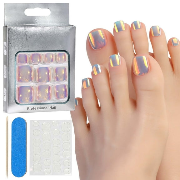 Press on Toenails Chrome Fake Toe Nails Holographic False Toenails Glossy Full Cover Acrylic Glue on Toenails Toe Press on Nails Artificial Stick on Toenails for Women Manicure 24Pcs