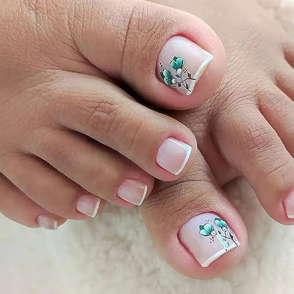 Press on Toenails with Green Flower Designs, Artificial French Fake Nails for Toe, Glossy Full Cover Square Acrylic False Nails, Glue on Toenails with Charm, Stick on Toe Nails for Women