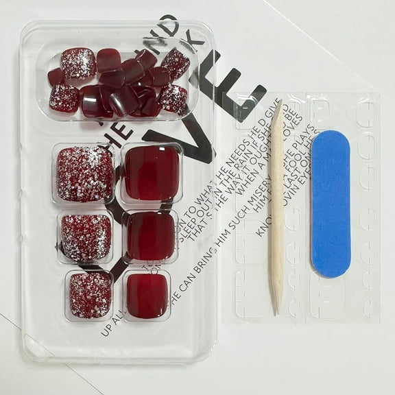 Press on Toenails Red Fake Toe Nails Glitter False Toenails Glossy Full Cover Acrylic Glue on Toenails with Designs Cute Toe Press on Nails Artificial Stick on Toenails for Women Manicure 24Pcs