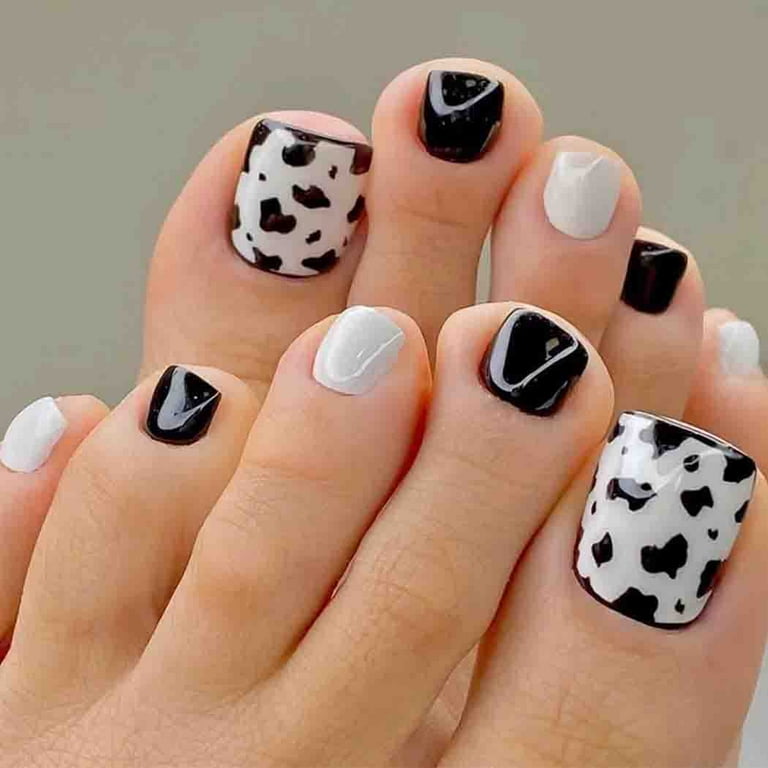 Press on Toenails Short Square Fake Toes Nails Glossy Designer Cow