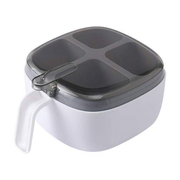 Press-Type Seasoning Box with 4 Compartments & Spoons – Compact Condiment Storage for Kitchen Counter – Spice Organizer for Salt, Sugar, Herbs – Easy Clean Design