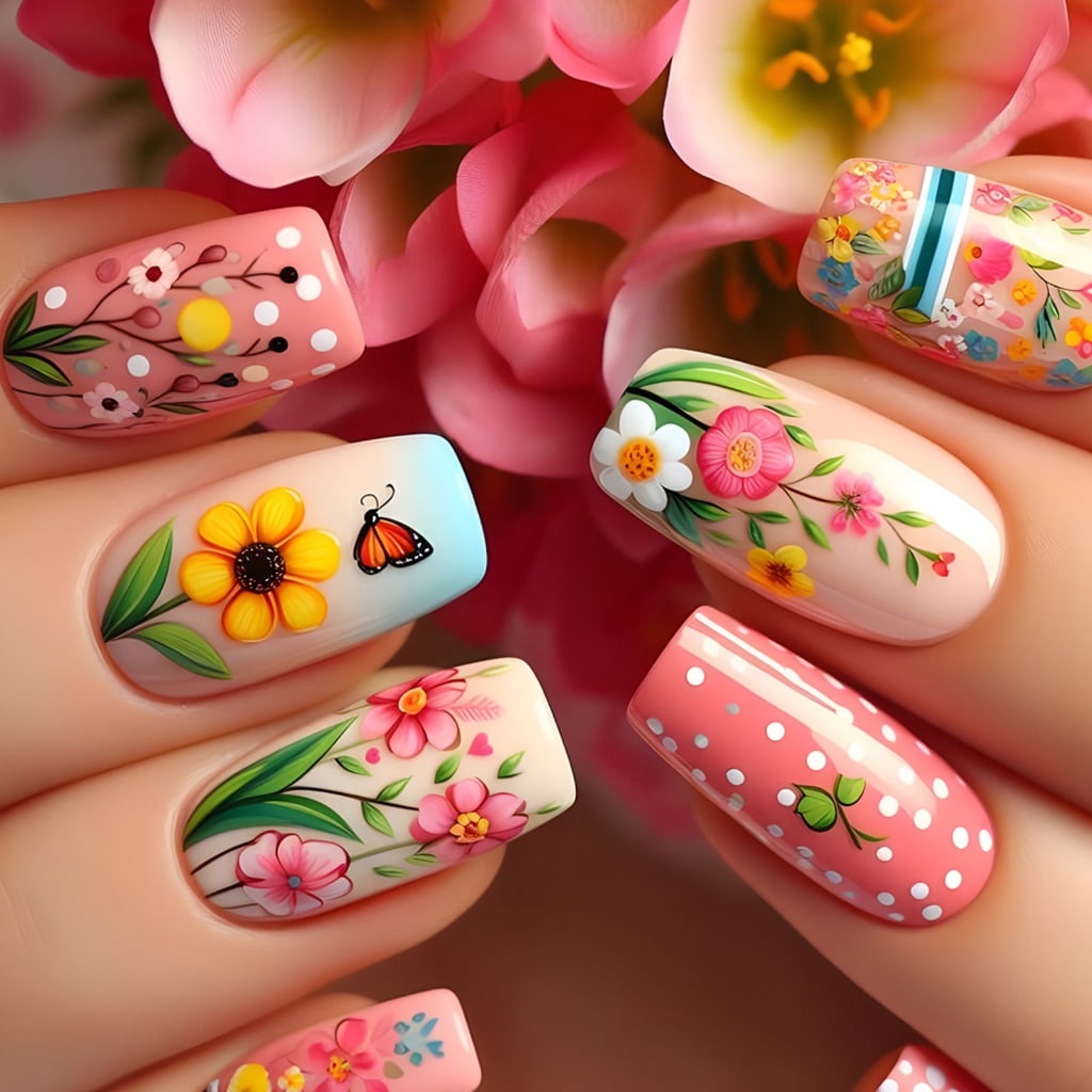Press on Nail Medium Ballet Shaped False Nail Flower Acrylic Nail Stick on Nail Floral Design Artificial Nail 24Pcs