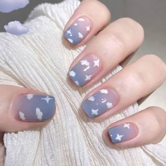 Press on Nails Cute Square False Nails Acrylic Fake Nails Sky White Cloud Fake Nails for Women and Girls 24pcs