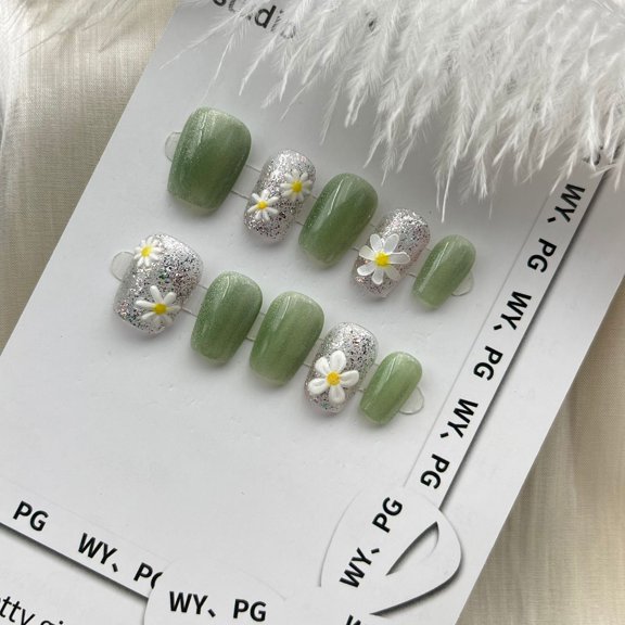 Press on Nails Extra Short Square ,Handmade nails ,pearl white  nail , nail thread glue  press on nails, Handmade Gel Fake Nails