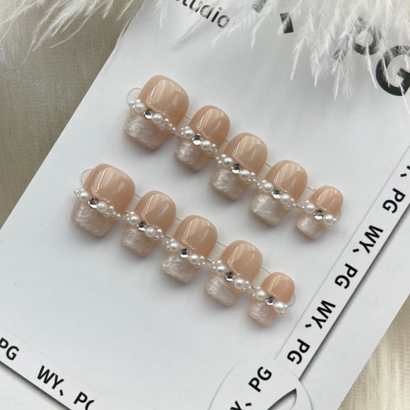 Press on Nails Extra Short Square ,Handmade wear nails ,pearl white nail stickers ,thread glue nail art ,Handmade Gel Fake Nails