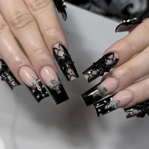 Press on Nails - Long Square Fake Nails with Goth Black, Acrylic Gothic Cross Bow Design 24 pcs