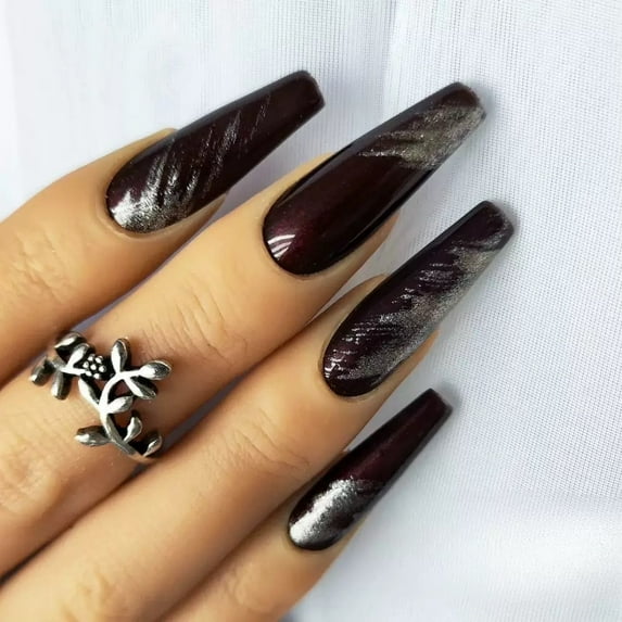 Press on Nails - Long Square Fake Nails with White French Tip, Acrylic Red Heart Design 24 pcs