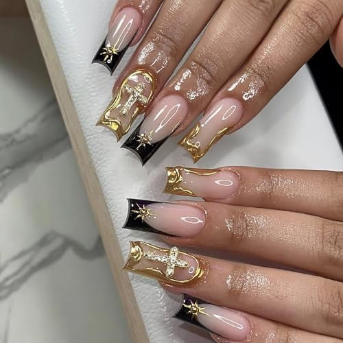 Press on Nails Long Square Nails Black Goth Glue on Cross Charm Luxury Design 3D Tip 24 count Glossy Manicure Full Cover Stick on Nails